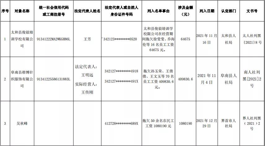 阜阳人社局发布关于公布第四季度拖欠工资“黑名单”及重大劳动保障违法行为企业（个人）名单的公告