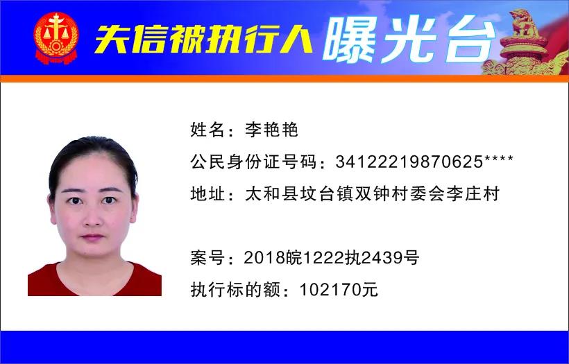 太和县人民法院发布失信被执行人曝光名单（2022年第一期）