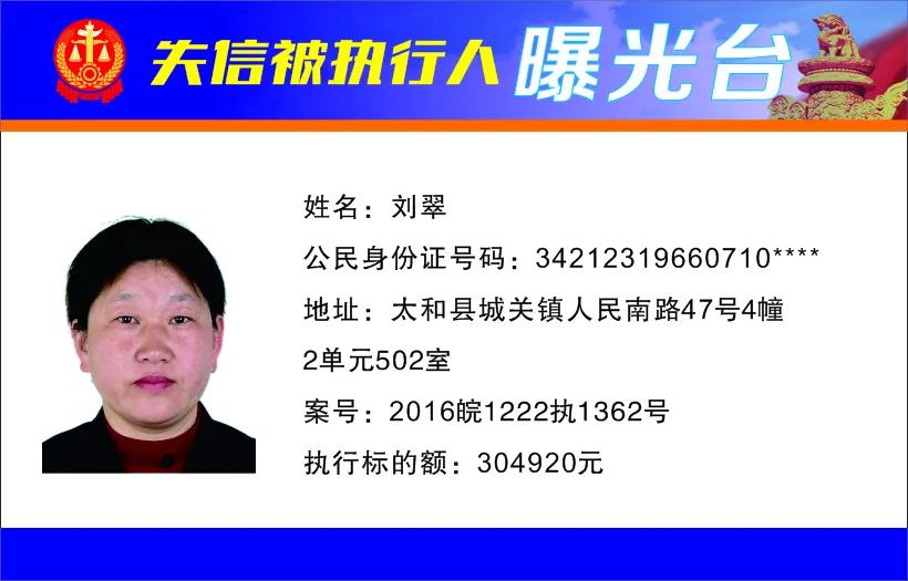 太和县人民法院发布失信被执行人曝光名单（2022年第一期）