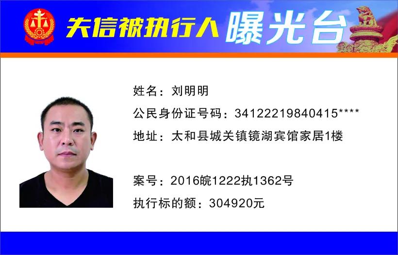 太和县人民法院发布失信被执行人曝光名单（2022年第一期）