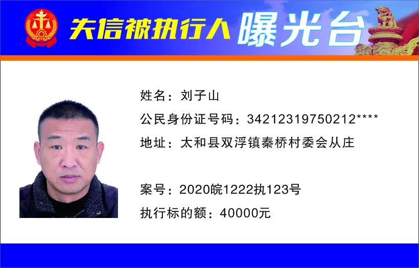 太和县人民法院发布失信被执行人曝光名单（2022年第一期）