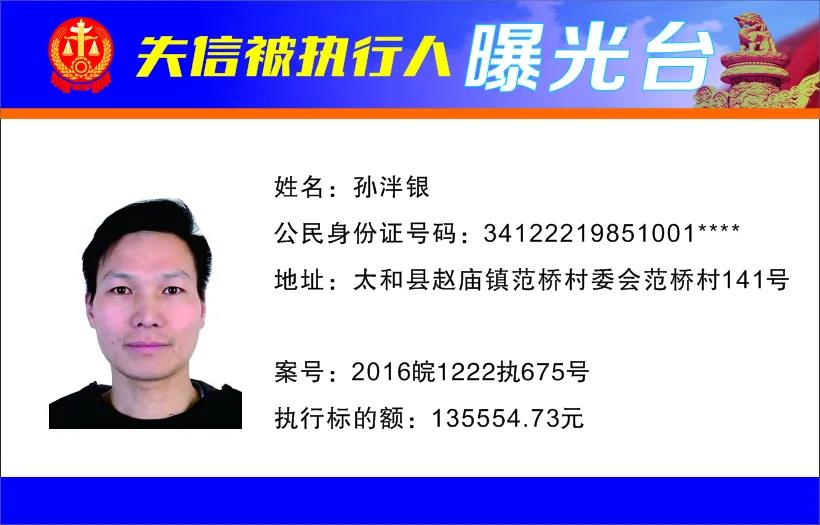 太和县人民法院发布失信被执行人曝光名单（2022年第一期）