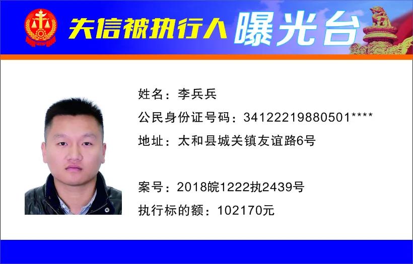 太和县人民法院发布失信被执行人曝光名单（2022年第一期）