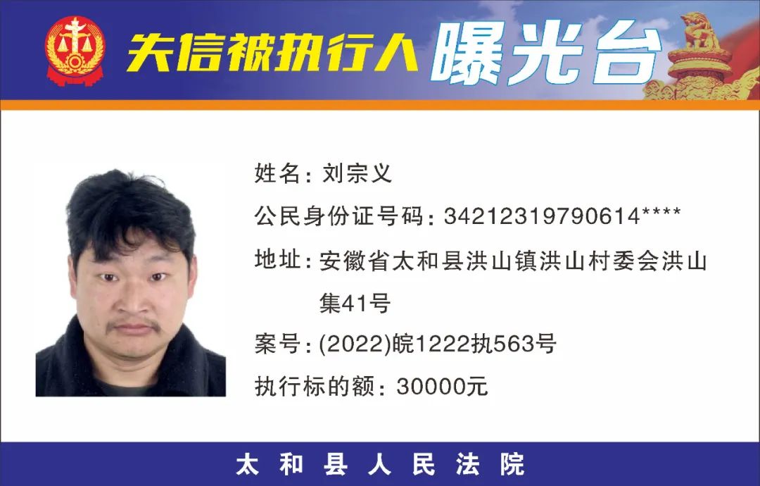 太和县人民法院失信被执行人曝光名单（2022年第五期）