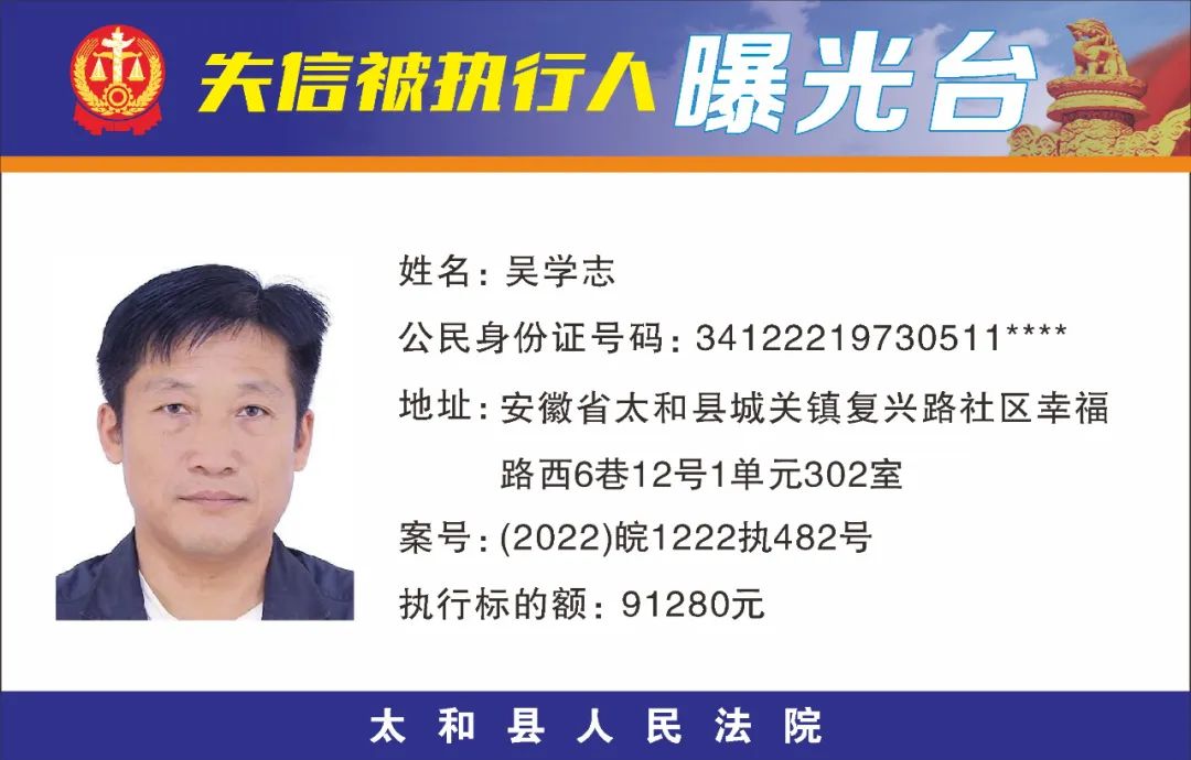 太和县人民法院失信被执行人曝光名单（2022年第五期）