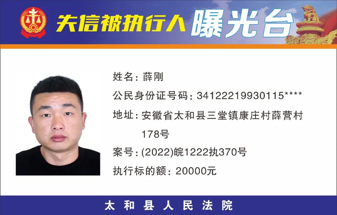 太和县人民法院失信被执行人曝光名单（2022年第五期）