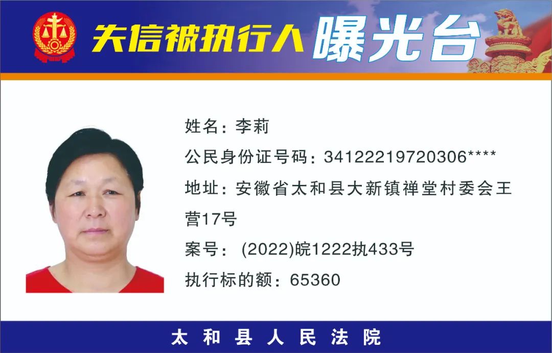 太和县人民法院失信被执行人曝光名单（2022年第十一期）