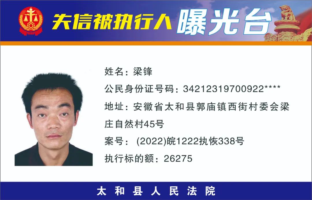 太和县人民法院失信被执行人曝光名单（2022年第十一期）