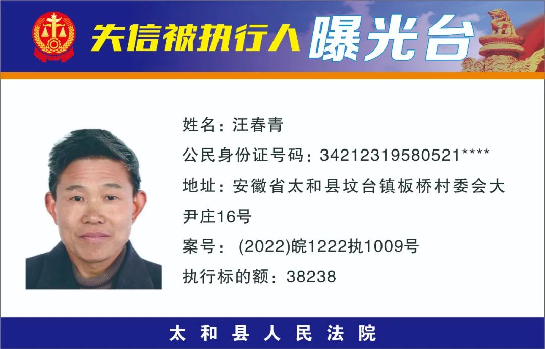 太和县人民法院失信被执行人曝光名单（2022年第十一期）