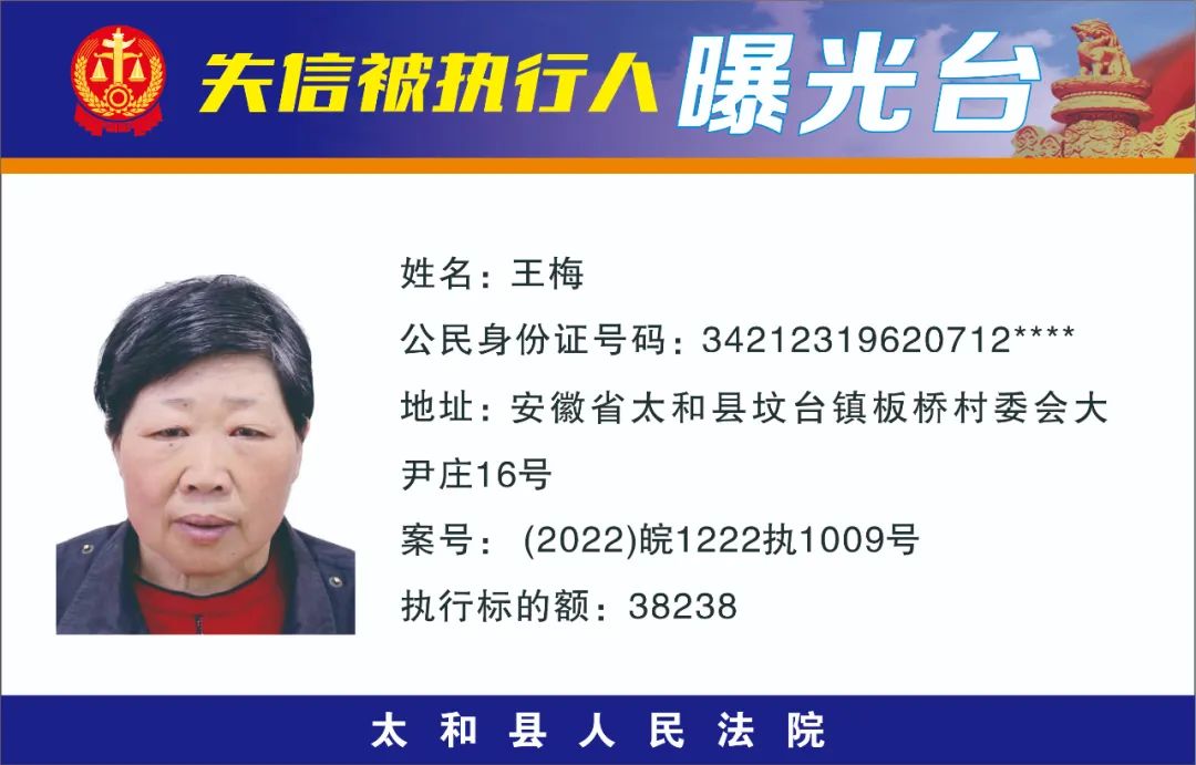 太和县人民法院失信被执行人曝光名单（2022年第十一期）
