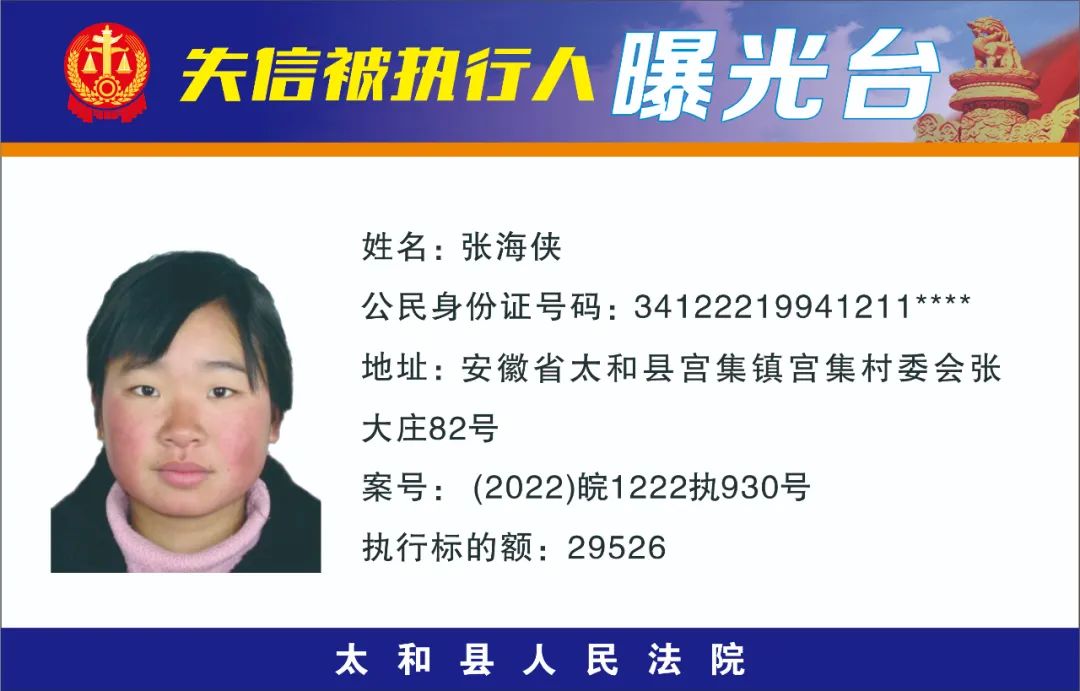 太和县人民法院失信被执行人曝光名单（2022年第十一期）