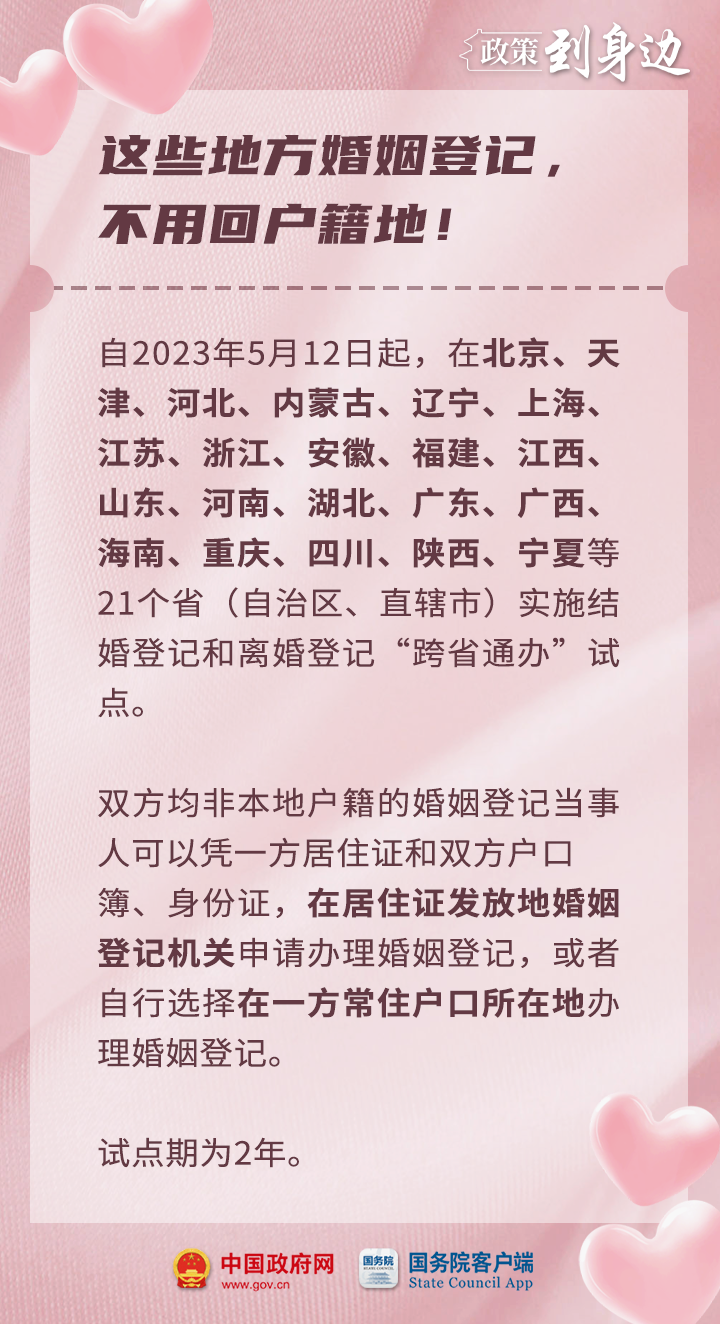 微信图片_20230518143236.png 日前,国务院批复同意扩大内地居民婚姻登记“跨省通办”试点。