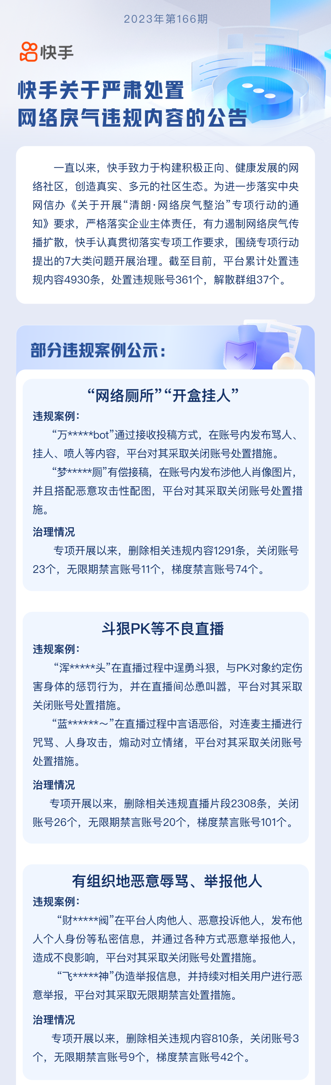 近日，各大平台陆续开展网络清朗整治行动。集中治理 “网络厕所”“人肉开盒”等行为永久封禁一批账号。